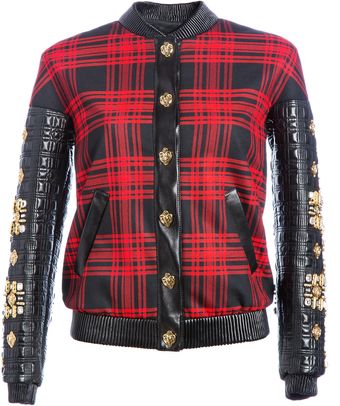 Fausto Puglisi Tartan Bomber with Embroidered Leather Sleeves - Lyst