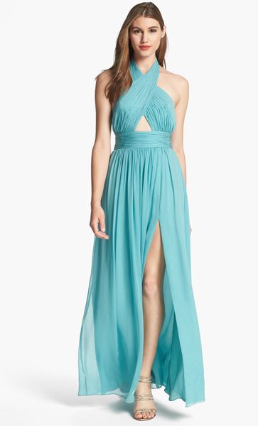 Jill Stuart Cutout Front Silk Chiffon Halter Gown In Blue Sea Breeze