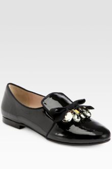 Miu Miu Embellished Patent Leather Bow Loafers - Lyst