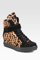 Miu Miu Calf Hair and Studded Suede Wedge Sneakers