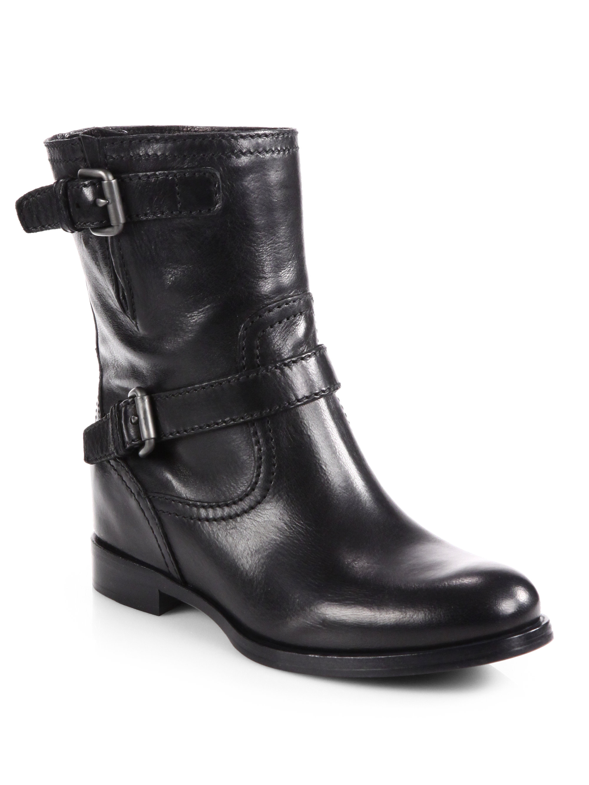 Prada Leather Double Buckle Motorcycle Boots in Black