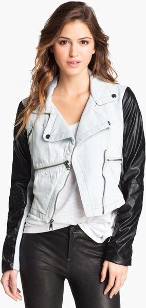 Steve Madden Denim Faux Leather Moto Jacket in White (bleach denim ...