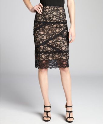 Nicole Miller Black and Nude Lace Cotton Blend Asymmetrical Banded Skirt - Lyst