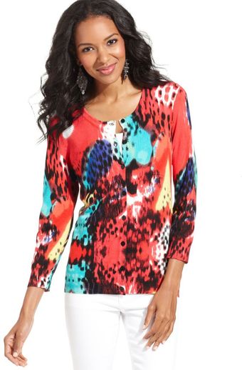 Joseph A Three Quarter Sleeve Floral Printed Cardigan - Lyst