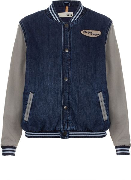 Topshop Petite Denim Varsity Bomber Jacket in Gray (mid stone) | Lyst