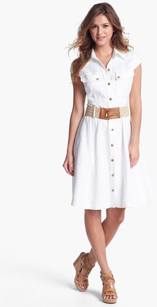 Tahari Belted Shirt-dress in White | Lyst