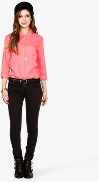 Forever 21 Long Sleeve Button Down Shirt in Pink (coral) | Lyst