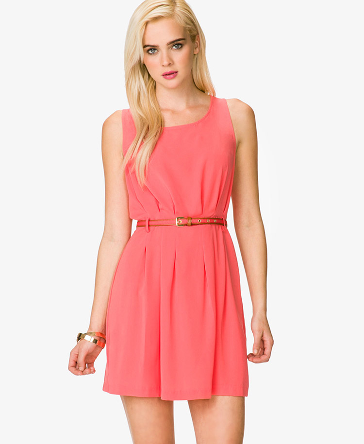 Forever 21 Pleated Dress W Striped Belt in Pink (coral)