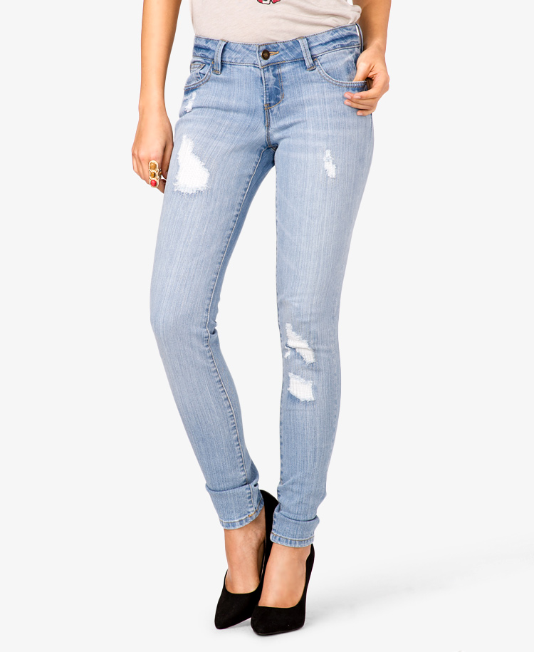 Forever 21 Frayed Skinny Jeans in Blue (light denim) | Lyst