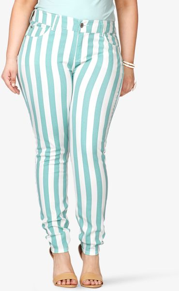 Forever 21 Striped Skinny Jeans in Green (mintwhite)