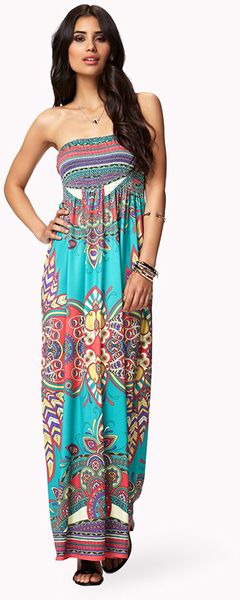 Forever 21 Boho Print Maxi Dress in Blue (tealcoral)