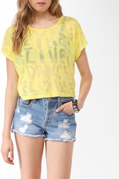 Forever 21 Cropped Burnout Alphabet Top in Yellow