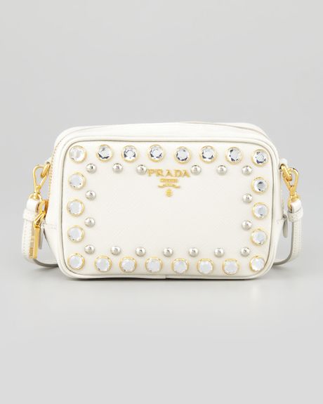Prada Saffiano Studded Mini Zip Crossbody Bag in White | Lyst