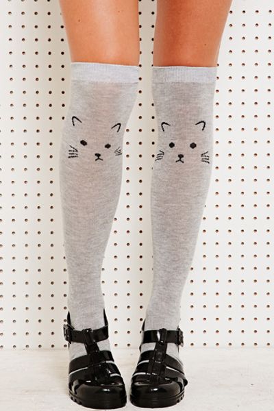 Urban Outfitters Cat Face Knee High Socks in Gray (grey) | Lyst