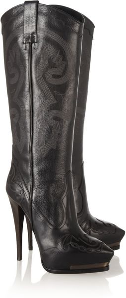 Lanvin Embroidered Leather Cowboy Boots - Lyst