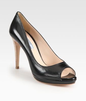 Prada Leather Stitched Trim Peeptoe Pumps - Lyst