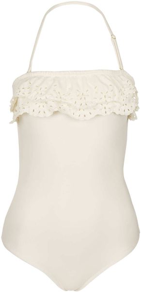 Topshop Cream Broderie Frill Swimsuit - Lyst