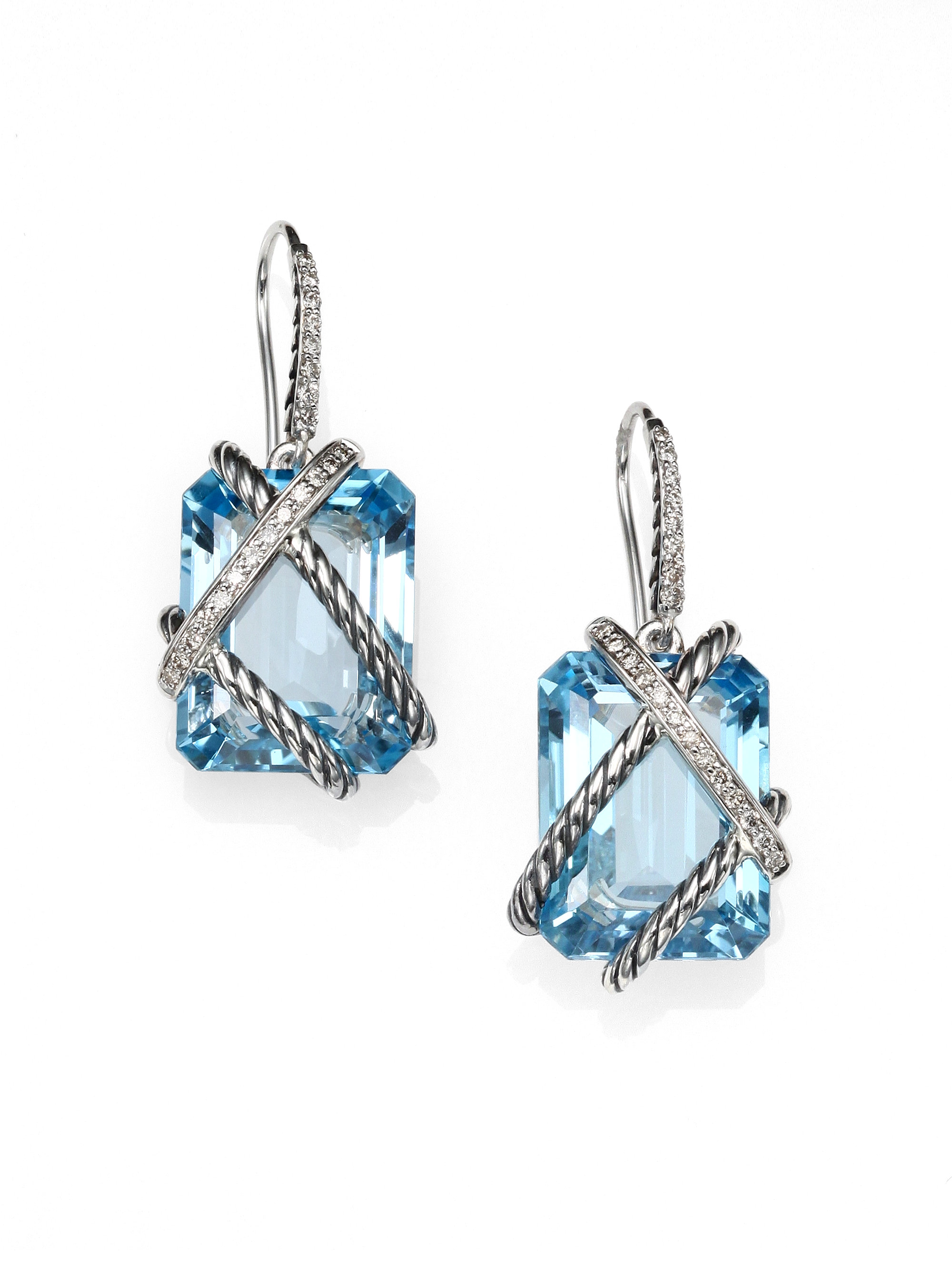 David Yurman Blue Topaz Diamond Sterling Silver Drop Earrings In Blue