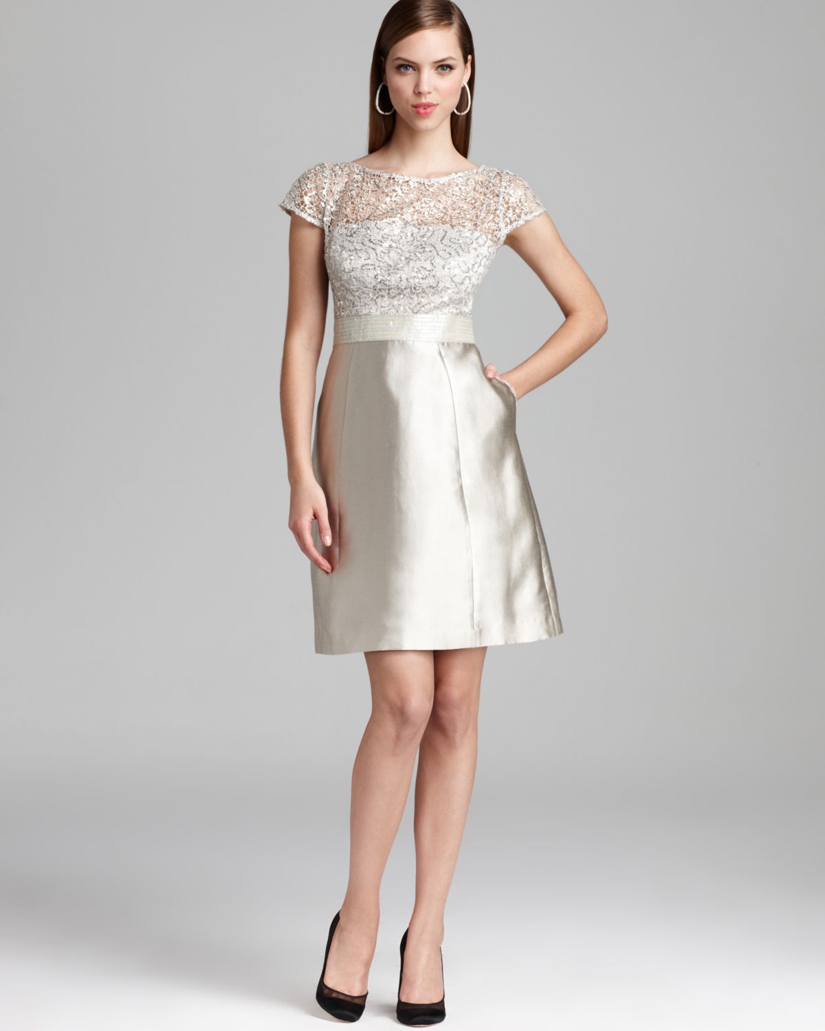 Kay Unger Cocktail Dress Short Sleeve with Sequin Lace Overlay in ...