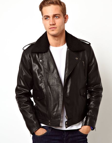 Asos Leather Biker Jacket with Borg Collar in Black for Men | Lyst