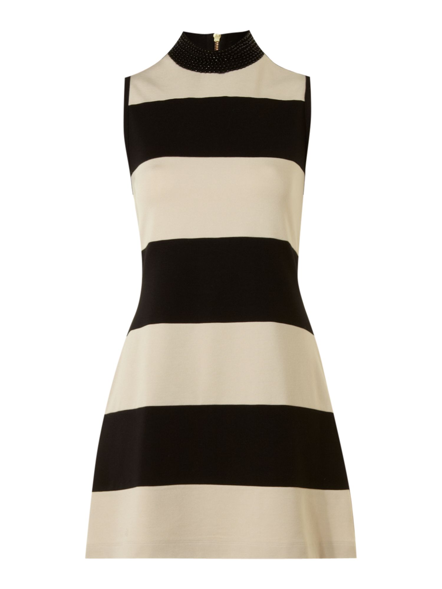Biba Stripe Beaded Neck 60s Style Shift Dress in Black (MultiColoured
