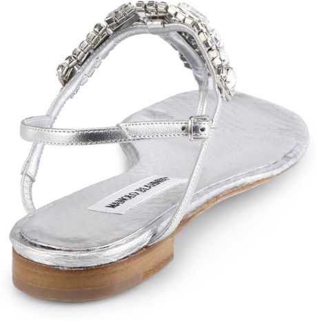 ... Blahnik Zanfimod Jeweled Metallic Leather Thong Sandals in Silver
