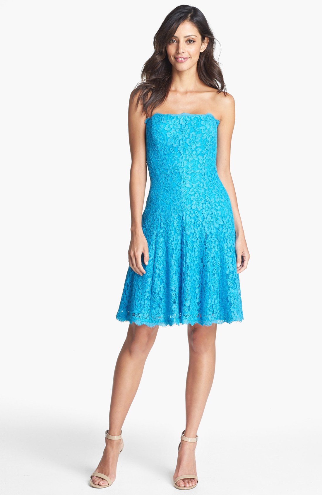 Adrianna Papell Strapless Lace Dress In Blue Pacific Lyst