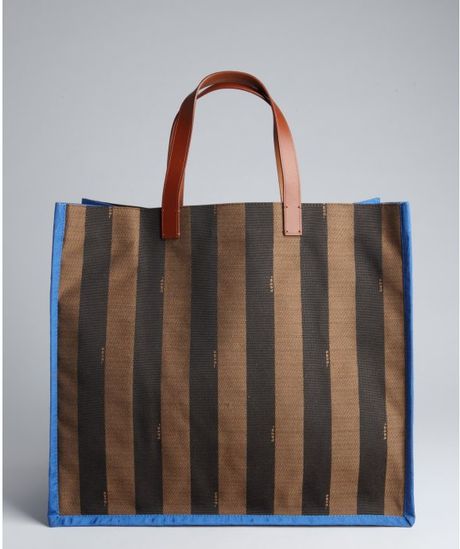 Fendi Brown and Blue Logo Stripe Canvas Tote Bag in Brown | Lyst