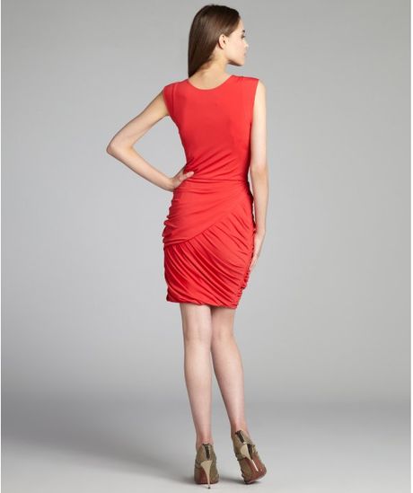 ... Lipstick Jersey Asymmetrical Ruched Cowl Neck Cocktail Dress in Red