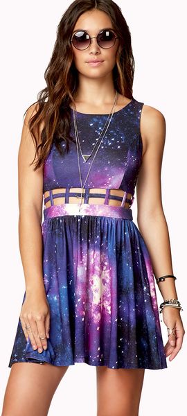 Forever 21 Fit Flare Cosmic Cage Dress in Purple (Blackpurple)