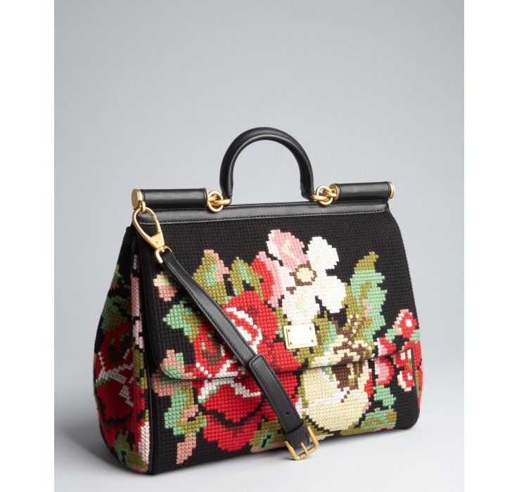 Dolce & Gabbana Black Leather and Floral Needlepoint Convertible Tote Bag in Black | Lyst
