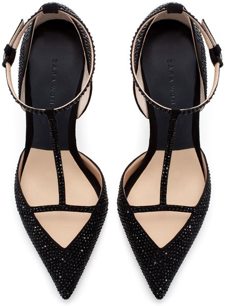 Zara Low Cut Tbar Court Shoe with Diamante in Black | Lyst