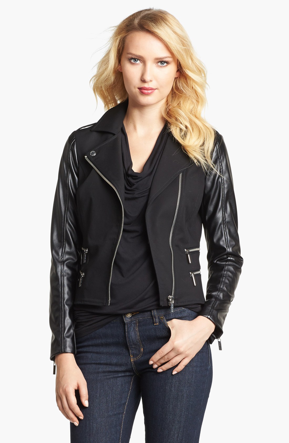 Michael Michael Kors Knit Faux Leather Moto Jacket in Black | Lyst