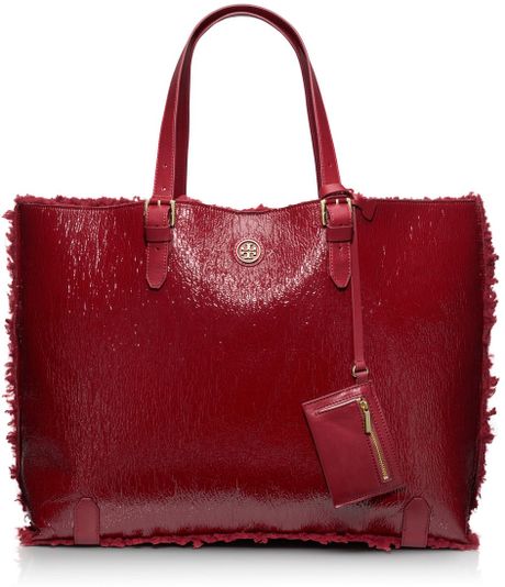 Tory Burch Patent Shearling Tote in Red (BORDEAUX)