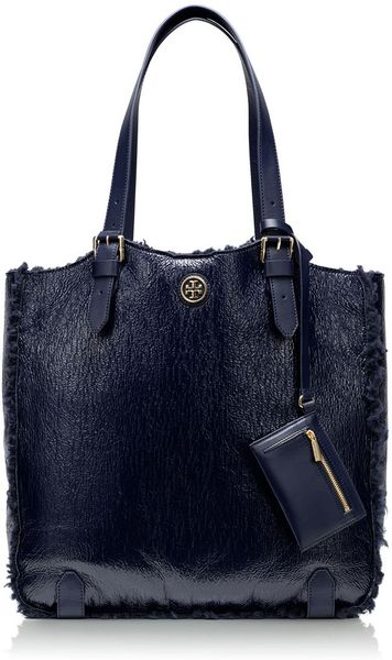 Tory Burch Patent Shearling Channing Tall Tote in Blue (NORMANDY BLUE)