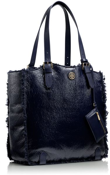 Tory Burch Patent Shearling Channing Tall Tote in Blue (NORMANDY BLUE ...