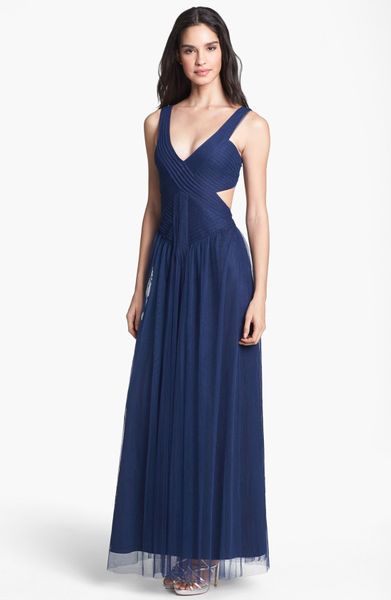 bcbgmaxazria layered tulle & mesh sleeveless corset gown