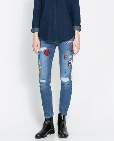 Zara Patched Jeans in Blue | Lyst