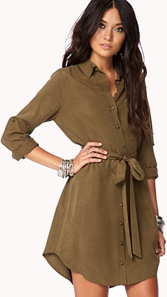 Forever 21 Classic Shirt Dress W Sash in Green (OLIVE)