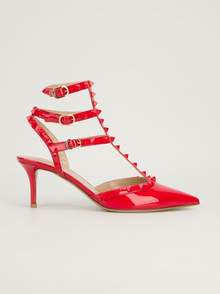 Valentino Studded Mid Heel Sandal in Red | Lyst