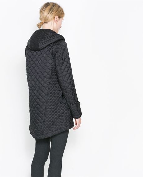 Zara Quilted Coat with Hood in Black | Lyst