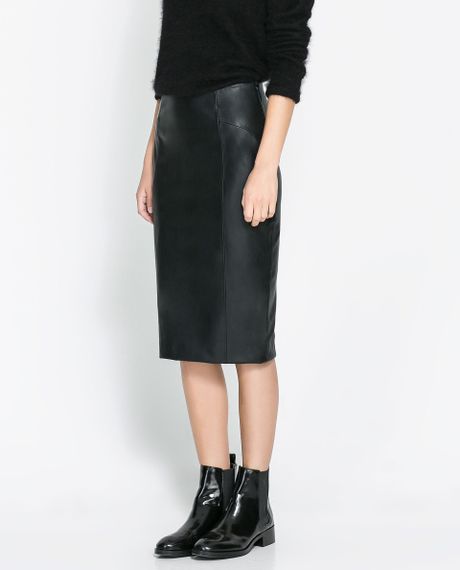 Zara Synthetic Leather Pencil Skirt in Black