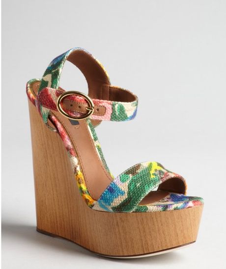 Dolce  Gabbana Khaki Floral Dyed Canvas Platform Wooden Wedge Sandals ...