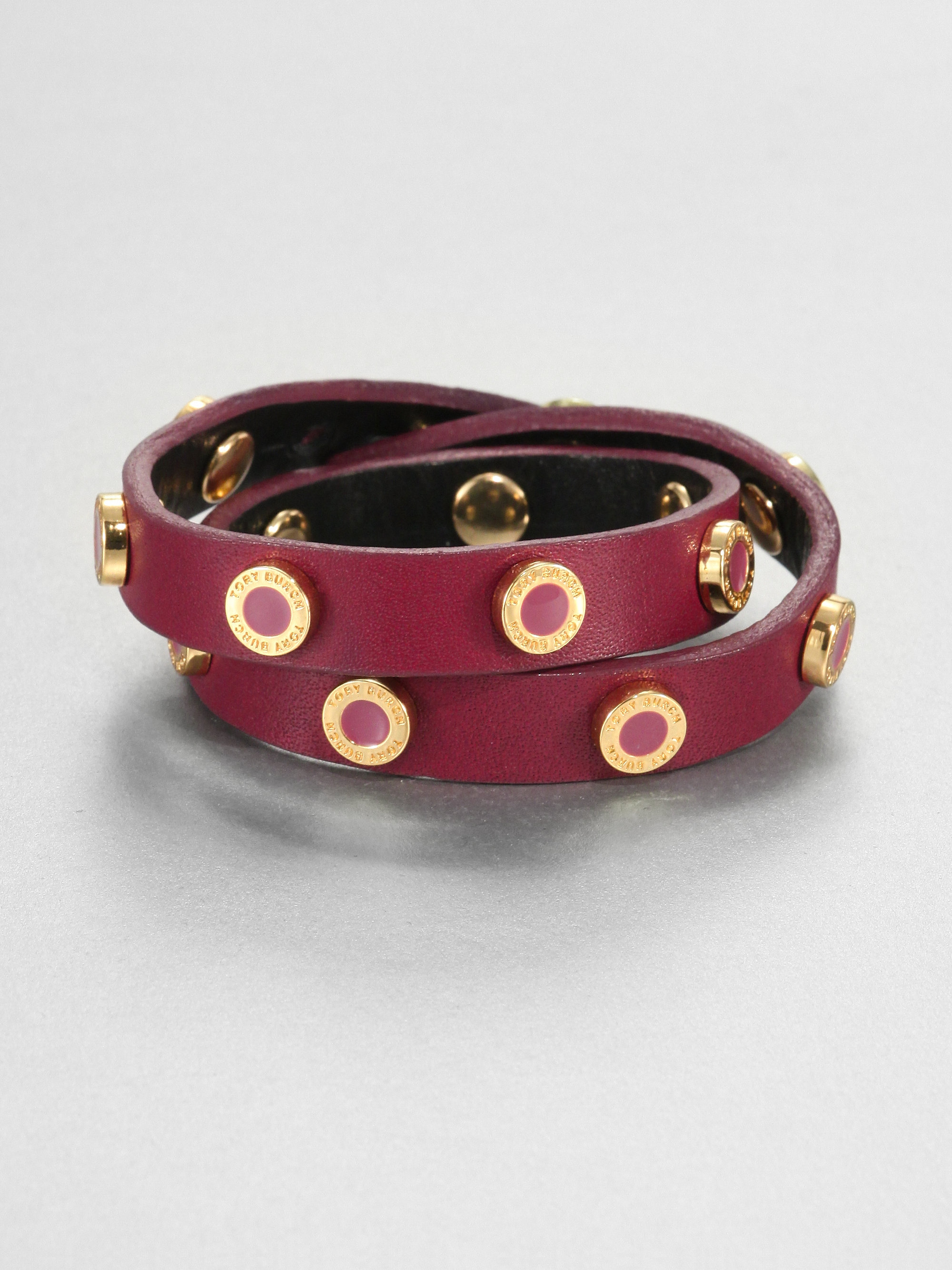 Tory Burch Riveted Double Wrap Leather Bracelet in Red (MERLOT) | Lyst