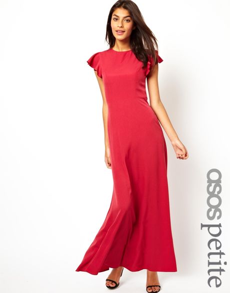 Asos Frill Sleeve Open Back Maxi Dress in Red (Berry)