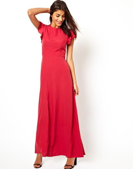 Asos Frill Sleeve Open Back Maxi Dress in Red (Berry)