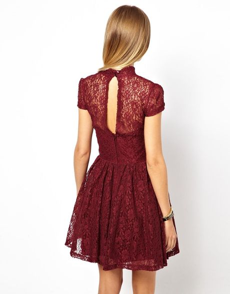 Asos Lace High Neck Prom Dress in Purple (Burgundy)