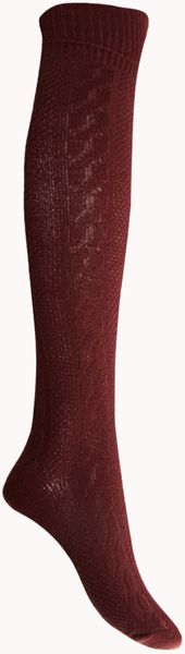 Forever 21 Cable Knit Knee High Socks in Red (BURGUNDY)