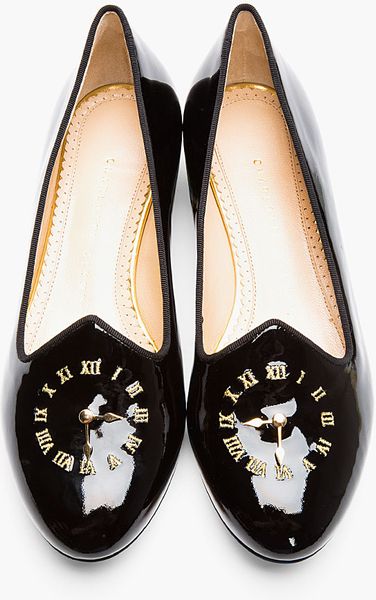 Charlotte Olympia Black Patent Leather Fashionably Late Flats In Black Lyst