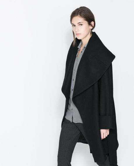 Zara Woollen Wrap Around Coat in Black | Lyst